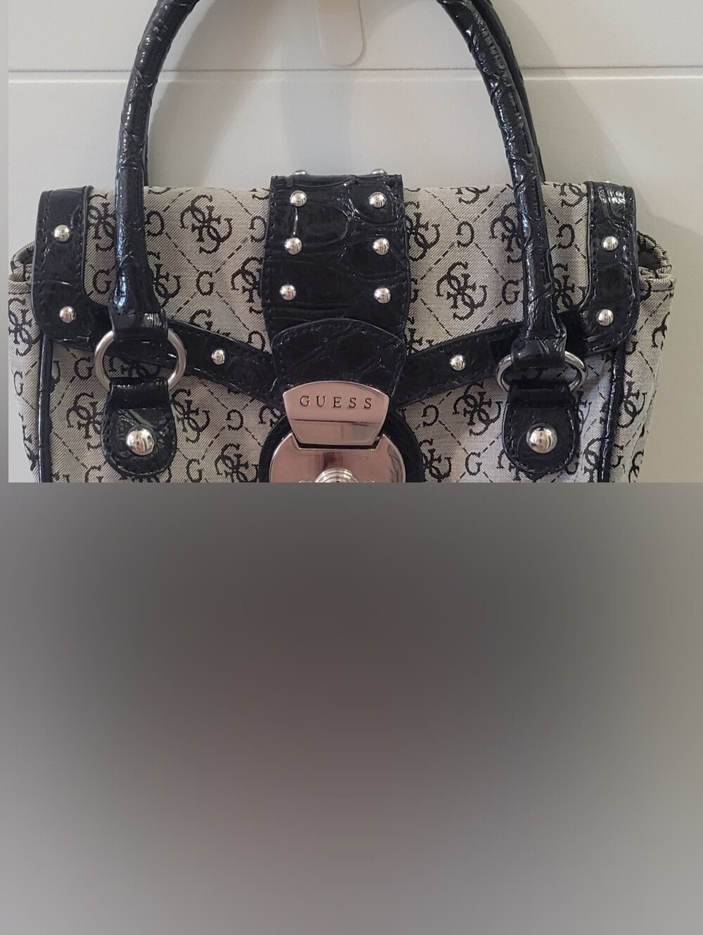 GUESS Black & Grey Monogram Satchel with Croc Trim Silver Hardware Sicily Mini